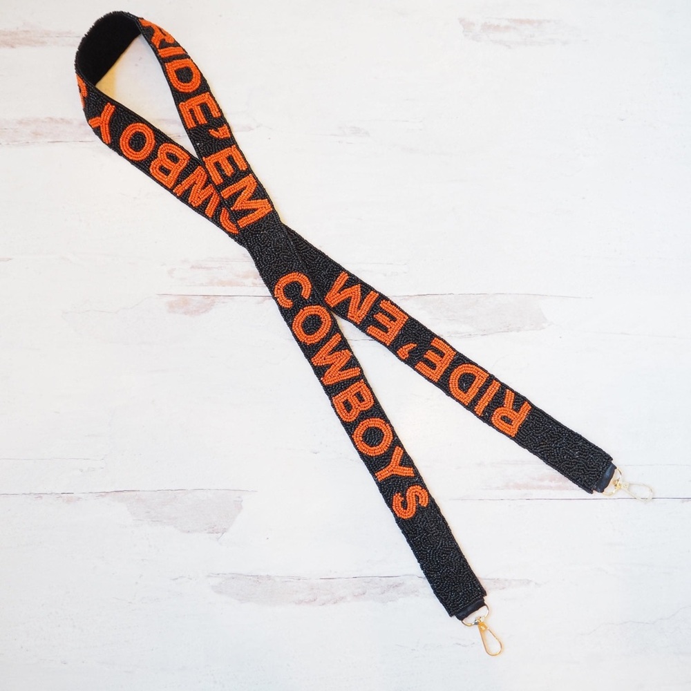 Beaded Ride ‘Em Cowboys Purse Strap Black OSU